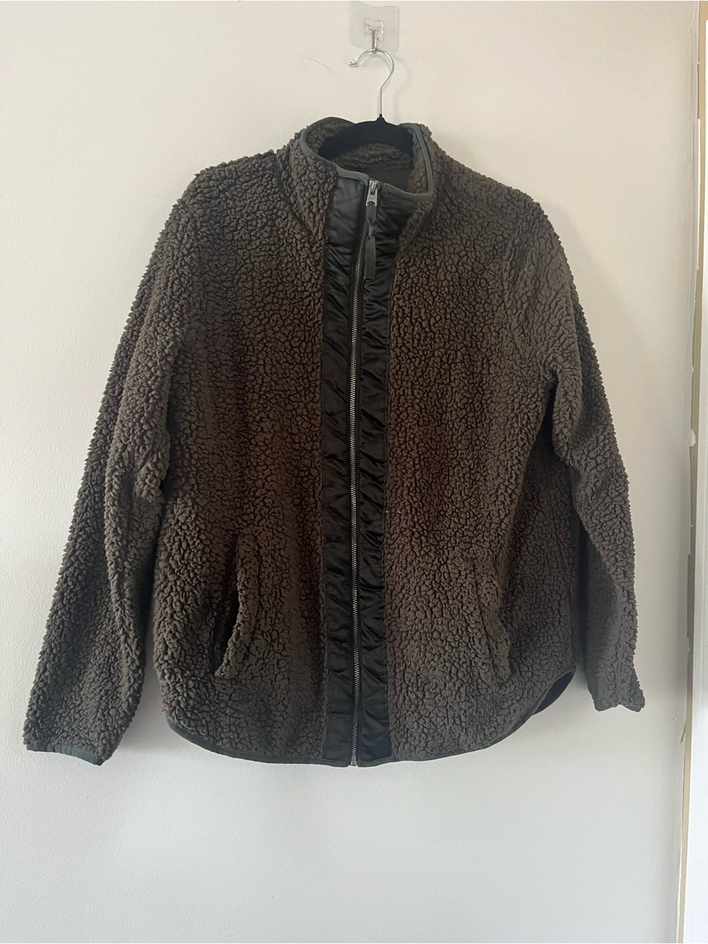 Abercrombie Olive Green Sherpa Teddy Fleece Jacket Large Full Zip Travel Casual